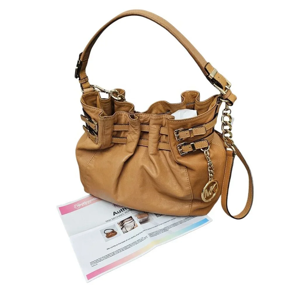 Michael Kors Way Leather Buckle Hobo Cinch Chain Tan Shoulder Bag COA